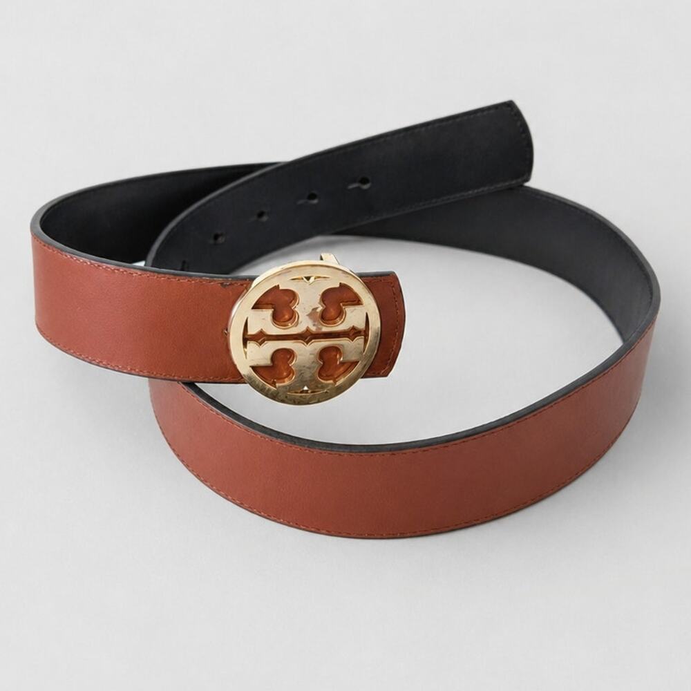 Tory Burch Miller Reversible Gold Buckle Belt Womens Brown/Black Leather Logo